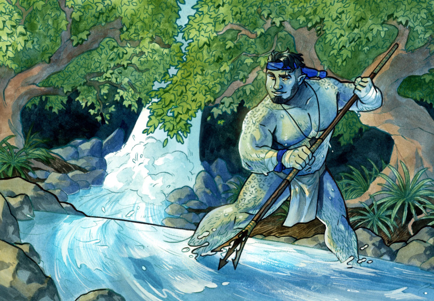 1boy arm_hair bandaged_arm bandages bara beard beard_stubble black_hair blue_headband blue_skin body_freckles chest_hair colored_skin commission facial_hair feet_out_of_frame fisherman fishing forest freckles hairy harpoon headband highres jojo_(jonahbuu) large_pectorals leg_hair legs_apart light_smile looking_at_viewer male_focus mature_male monster_boy muscular muscular_male mustache_stubble nature navel_hair orc original pectorals pelvic_curtain perspective pointy_ears river short_hair smile thick_eyebrows thokk_(jpsr388) topless_male tusks undercut wet