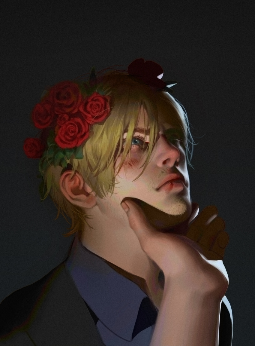 2boys blood blood_from_mouth blood_on_face blue_eyes blue_shirt brown_hair bulletproof_vest closed_mouth collared_shirt curtained_hair facial_hair flower gradient_background hair_flower hair_ornament highres injury leon_s._kennedy male_focus multiple_boys red_flower red_rose resident_evil resident_evil_6 rose sgl08 shirt short_hair solo_focus