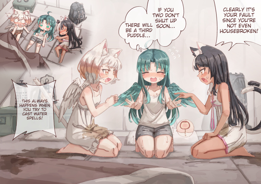 3girls \||/ absurdres ahoge animal_ear_fluff animal_ears aqua_eyes aqua_hair aqua_wings arguing bare_arms bare_shoulders barefoot bedwetting black_hair bladder blanket blush breasts brown_eyes brown_hair camping cat_ears cat_girl cat_tail chibi chibi_inset chinese_commentary cleavage clenched_hands closed_eyes collarbone colored_tips commentary commission cross-section dark-skinned_female dark_skin dress dress_ribbon english_commentary english_text feathered_wings flying_sweatdrops frilled_dress frills full_body grey_shorts have_to_pee highres indoors lantern long_hair lying mixed-language_commentary multicolored_hair multiple_girls multiple_tails nekomata nose_blush o_o on_back open_mouth original paid_reward_available pee_stain peeing peeing_self pink_ribbon pink_trim pointing pointing_at_another ribbon rune_(dualhart) seiza short_dress short_hair shorts sitting small_breasts speech_bubble stained_sheets sundress tail tank_top thought_bubble two_tails wavy_mouth white_dress white_hair white_tank_top white_wings wings