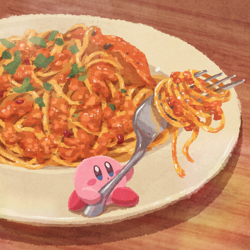 blue_eyes blush_stickers food food_focus fork holding holding_fork kirby kirby_(series) miclot miniature no_humans open_mouth pasta pink_footwear shoes spaghetti table