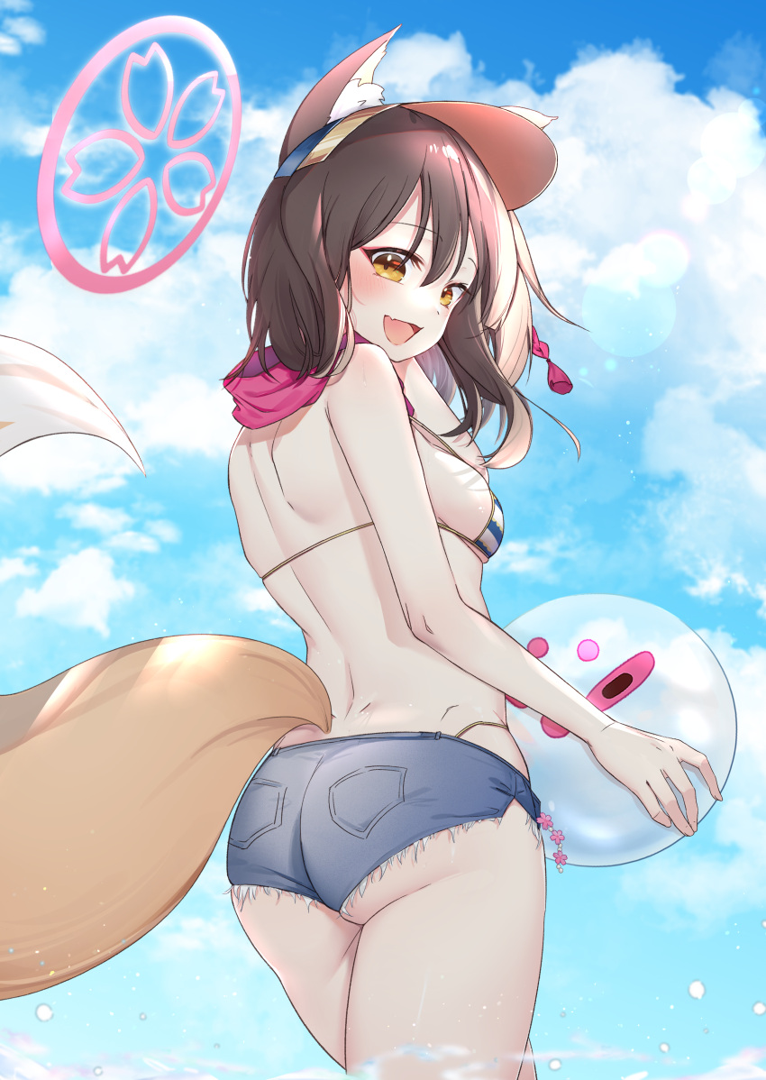 1girl :d absurdres adjusting_hair animal_ear_fluff animal_ears ass ball bare_back beachball bikini black_hair blue_archive blue_sky blurry breasts cloud cloudy_sky commentary_request denim denim_shorts depth_of_field eyeshadow fang fox_ears fox_girl fox_tail from_behind hair_between_eyes halo head_tilt highres holding holding_ball holding_beachball in_water izuna_(blue_archive) izuna_(swimsuit)_(blue_archive) looking_at_viewer looking_back makeup medium_breasts medium_hair midriff official_alternate_costume one_side_up outdoors red_eyeshadow red_scarf rope scarf shimenawa short_shorts shorts shoulder_blades sideboob sidelocks skin_fang sky sleeveless smile solo striped striped_bikini swimsuit tail visor_cap water_drop xiao_jian yellow_eyes