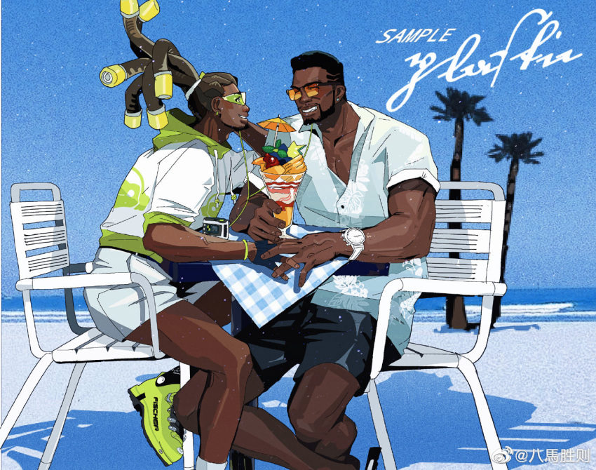 2boys alternate_costume bamashengze baptiste_(overwatch) bara beach beard black_hair black_shorts couple dark-skinned_male dark_skin dreadlocks earrings facial_hair feet_out_of_frame floating_hair goatee grin holding_hands jewelry looking_at_another lucio_(overwatch) male_focus multiple_boys muscular muscular_male on_chair overwatch pectoral_cleavage pectorals shoes short_hair shorts sideburns sitting smile sneakers veins veiny_arms veiny_hands watch white_shorts wristwatch yaoi
