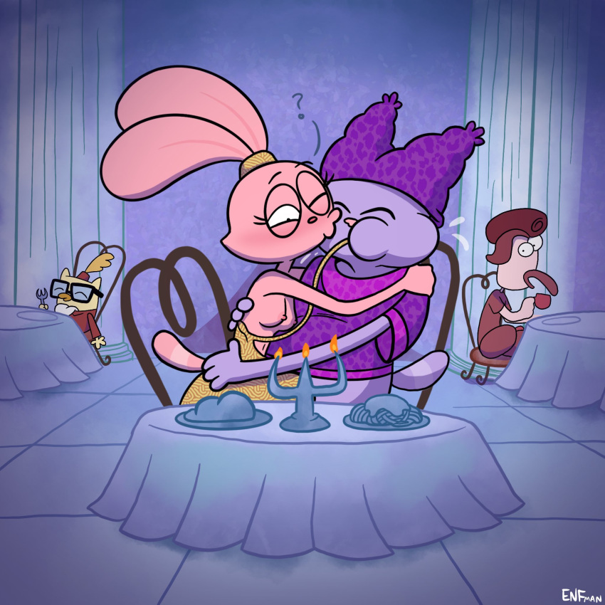 anthro breasts candle_holder cartoon_network chair chowder chowder_(series) domestic_cat duo exposed_breasts felid feline felis female furniture hi_res hybrid kissing lagomorph leporid male male/female mammal panini_(chowder) public public_exposure rabbit table theenfman