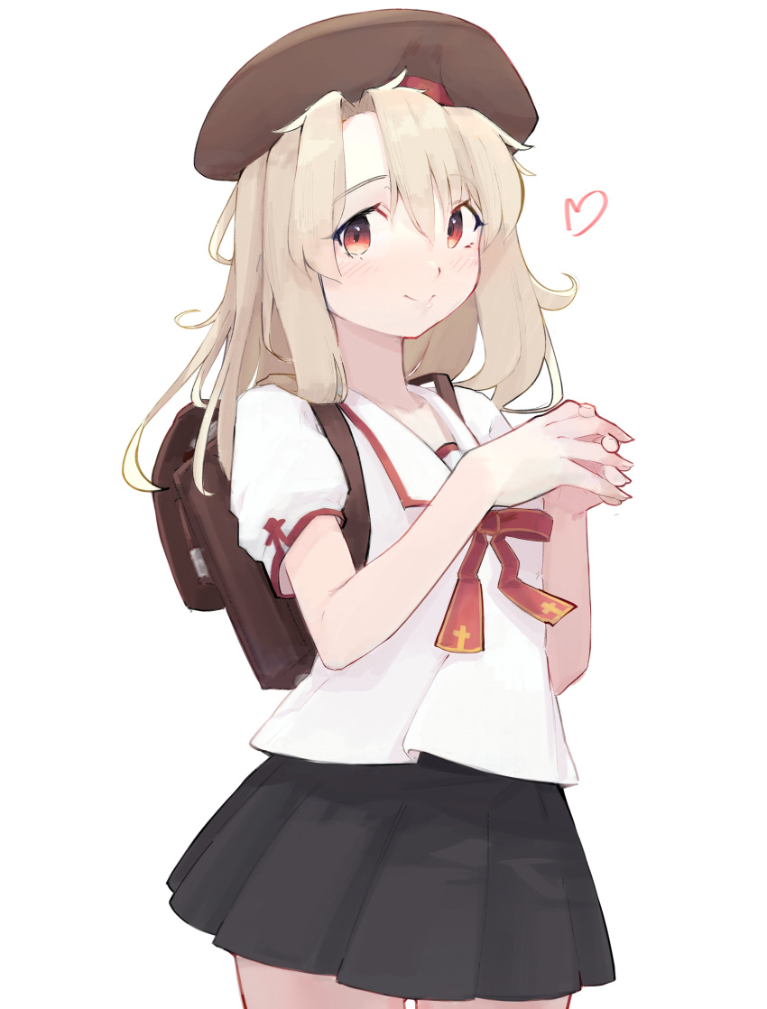 1girl absurdres backpack bag beret black_skirt deko_morii english_commentary fate/kaleid_liner_prisma_illya fate_(series) hat heart highres illyasviel_von_einzbern own_hands_together randoseru red_eyes school_uniform serafuku shirt short_sleeves skirt solo white_background white_hair white_serafuku white_shirt