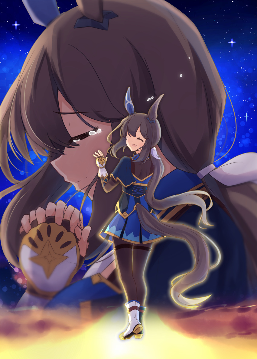 1girl admire_vega_(umamusume) animal_ears blue_dress blue_skirt brown_hair crying dress ear_covers highres horse_ears horse_girl horse_tail long_hair low_ponytail own_hands_together pantyhose single_ear_cover skirt soramuko star_(sky) tail tears umamusume