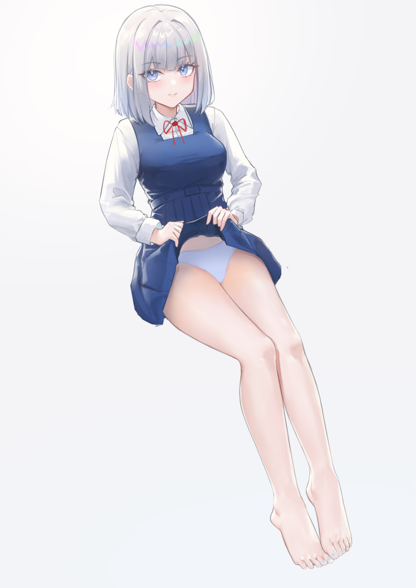 1girl bare_legs barefoot blue_dress blue_eyes blue_nails blush bob_cut breasts closed_mouth clothes_lift collared_shirt commentary_request dress dress_lift eyelashes feet full_body grey_background grey_hair highres invisible_chair leaning_back legs legs_together lifted_by_self lim_(ramu) long_sleeves medium_breasts medium_hair nail_polish neck_ribbon original panties pleated_dress red_ribbon ribbon shirt short_dress simple_background sitting sleeveless sleeveless_dress solo toenail_polish toenails toes underwear white_panties white_shirt