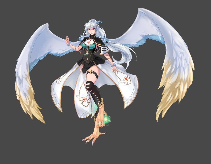 absurdres breasts casting_spell colorful_wings digit_ring fantasy foot_cast green_eyes harpy healing_spell highres jewelry medium_breasts monster_girl multiple_rings non-web_source prehensile_toes priestess ring thigh_strap toe_ring toe_rings toeless_legwear