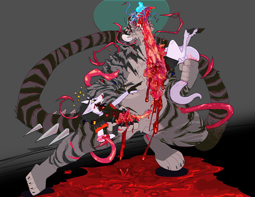 amputation amputee anthro blood_pool disability disembowelment dragon duo excessive_blood felid gore guncht hard_vore hi_res kobold male mammal pantherine ripping tearing_flesh tentacles tiger vore