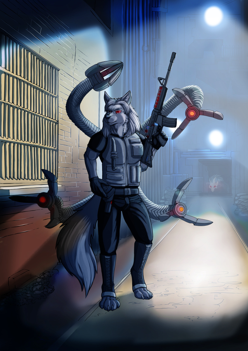 absurd_res accessory anthro armor arox_(pandora's_war) bulletproof_vest canid canine canis city clothed clothing day detailed_background feral fur gun hi_res holding_gun holding_object holding_weapon leila_dashira_west male male/male mammal outside pandora's_war paws ranged_weapon rooftop solo tactical_gear tail tem_deker tuft walking weapon wolf