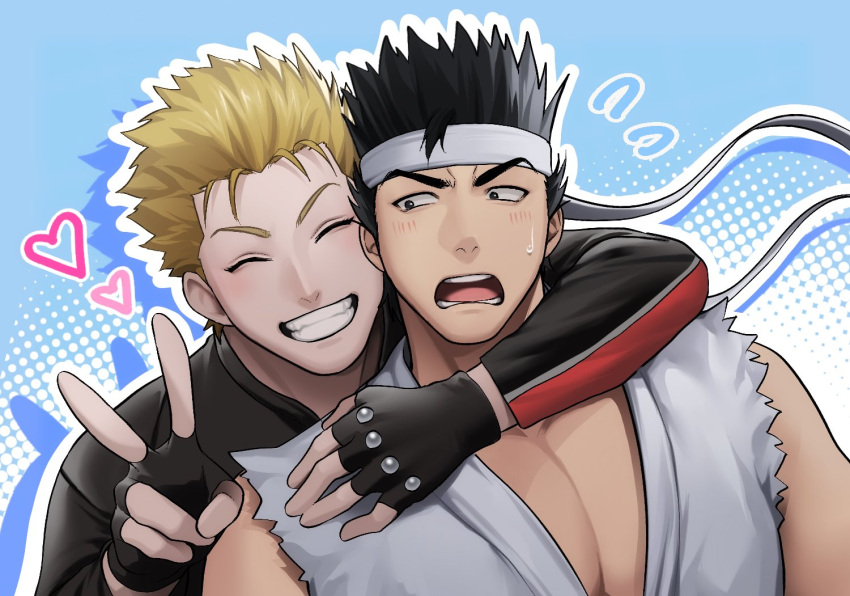 arm_around_shoulder bitaro black_gloves black_hair blonde_hair blue_background blush closed_eyes dougi fingerless_gloves gloves grin headband heart jacket jacky_bryant looking_at_another male_focus multiple_boys muscular muscular_male open_mouth pectoral_cleavage pectorals short_hair simple_background sleeveless smile spiked_hair v v-shaped_eyebrows virtua_fighter yaoi yuki_akira