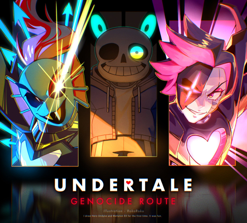 1girl 2boys androgynous android armor artist_name black_armor black_shorts blue_jacket english_text fins head_fins highres hood hood_down hooded_jacket jacket korokor59513559 mettaton mettaton_neo monster_girl multiple_boys open_clothes open_jacket sans shirt shorts skeleton smile teeth undertale undyne undyne_the_undying white_shirt