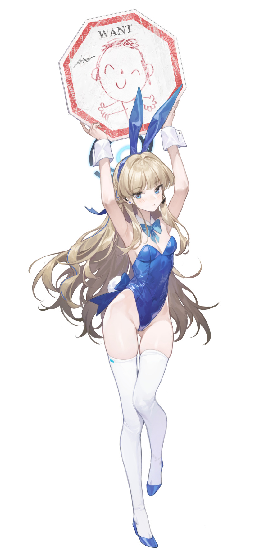 1girl absurdres alter animal_ears arona's_sensei_doodle_(blue_archive) blonde_hair blue_archive blue_bow blue_bowtie blue_eyes blue_leotard bow bowtie breasts detached_collar earpiece fake_animal_ears fake_tail full_body halo highleg highleg_leotard highres holding holding_sign leotard long_hair looking_at_viewer medium_breasts official_alternate_costume playboy_bunny rabbit_ears rabbit_tail sensei_(blue_archive) sign signature skindentation solo strapless strapless_leotard tail thighhighs toki_(blue_archive) toki_(bunny)_(blue_archive) very_long_hair white_thighhighs white_wrist_cuffs wrist_cuffs