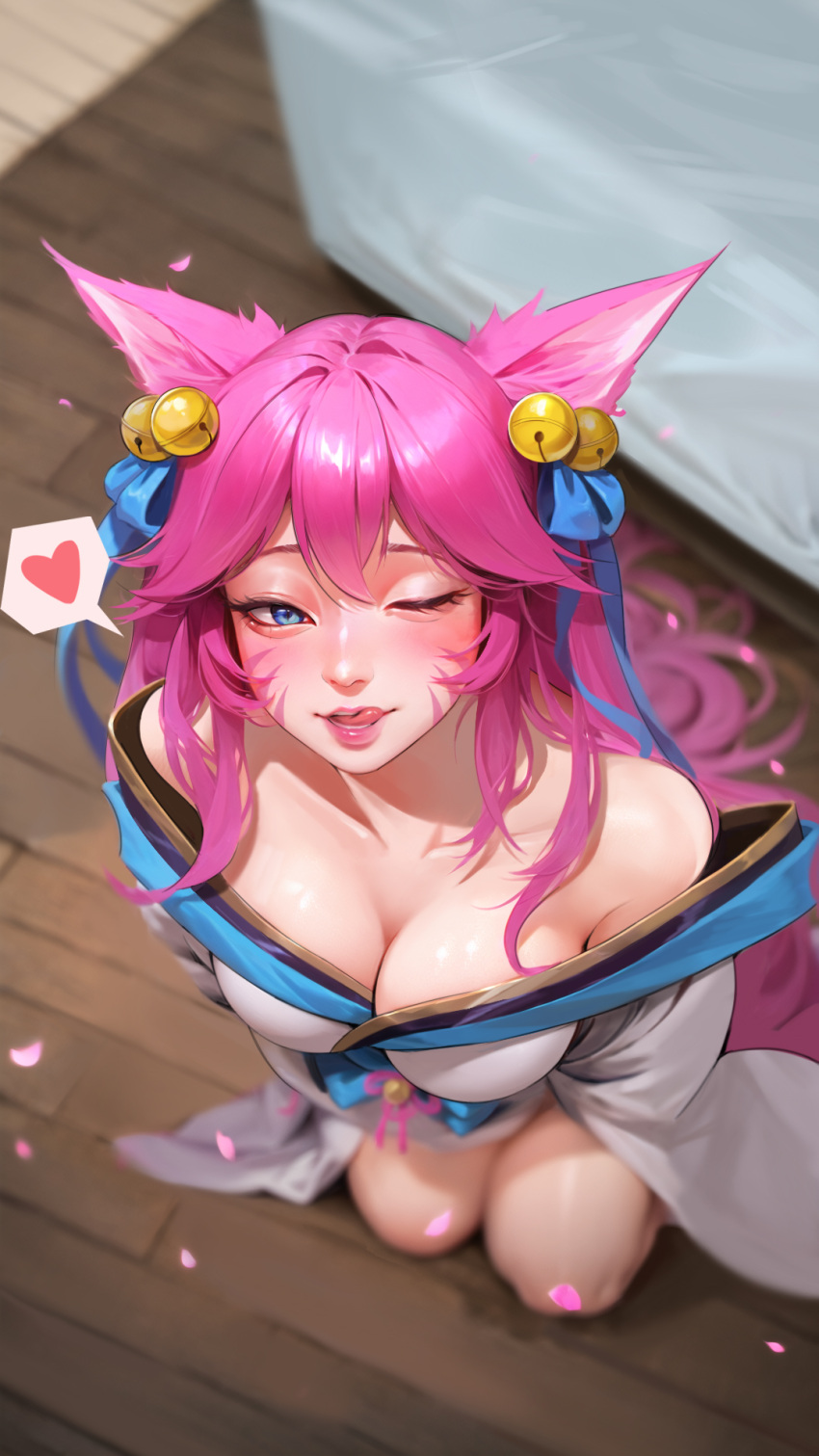 1girl ;q ahri_(league_of_legends) animal_ears bare_shoulders breasts cleavage collarbone ear_bell facial_mark heart highres japanese_clothes kimono large_breasts league_of_legends long_hair looking_at_viewer lu_ka one_eye_closed pink_hair seiza sitting smile spirit_blossom_ahri spoken_heart tongue tongue_out whisker_markings wooden_floor