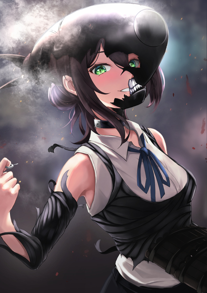 1girl absurdres armpits black_hair blush bomb_devil_(chainsaw_man) breasts chainsaw_man collar collared_shirt detached_sleeves green_eyes grenade_pin grin hair_bun highres looking_at_viewer medium_breasts neck_ribbon nuclear_weapon potemaka reze_(chainsaw_man) ribbon shirt sleeveless sleeveless_shirt smile smoke solo torn_clothes torn_sleeves vest