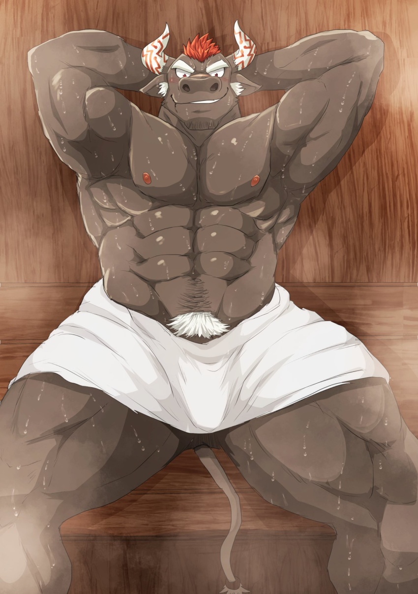 2_horns abs anthro biceps bodily_fluids bovid bovine cattle fu_ren_chi gyumao hi_res horn lifewonders male mammal muscular muscular_anthro muscular_male nipples pecs sauna solo sweat tail tokyo_afterschool_summoners towel towel_only