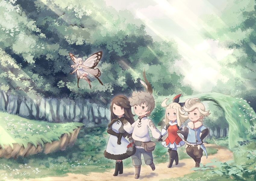 2boys 3girls absurdres agnes_oblige ahoge airy_(bravely_default) armor armored_dress black_gloves black_hair blonde_hair blue_eyes boots bow bravely_default:_flying_fairy bravely_default_(series) brown_eyes brown_hair butterfly_wings day dress edea_lee elbow_gloves fairy fairy_wings forest gloves hair_bow hairband highres long_hair long_sleeves looking_at_another marian_oekaki minigirl multiple_boys multiple_girls nature open_mouth outdoors pompadour ringabel short_hair smile thigh_boots tiz_arrior tree walking white_dress wings