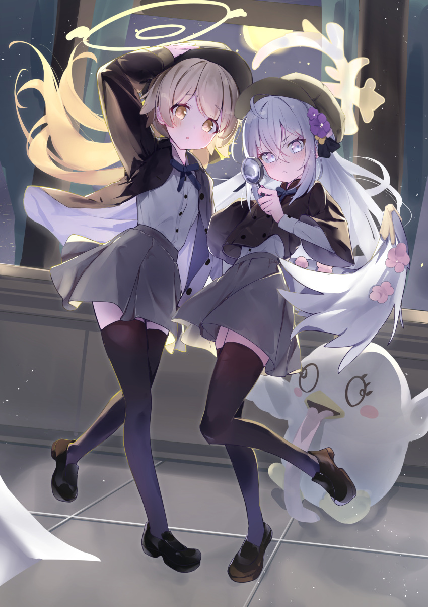 2girls absurdres angel_wings azusa_(blue_archive) black_footwear black_headwear black_thighhighs blue_archive blush buttons closed_mouth detective feathered_wings grey_skirt hair_between_eyes halo hat hifumi_(blue_archive) highres holding holding_magnifying_glass light_brown_hair long_hair low_twintails magnifying_glass multiple_girls peroro_(blue_archive) pink_eyes pleated_skirt shirt shoes skirt thighhighs twintails white_hair white_shirt white_wings wings yamada_auto yellow_eyes yellow_halo