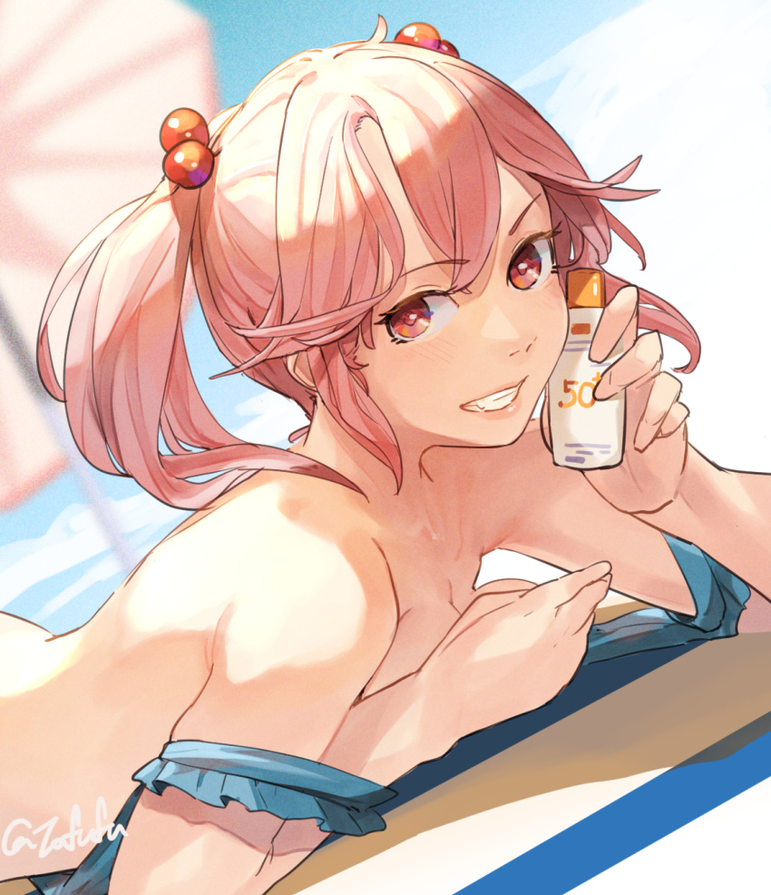 1girl applying_sunscreen beach beach_towel beach_umbrella bikini blue_bikini blush bottle breasts day fuwafuwatoufu hair_bobbles hair_ornament highres holding holding_bottle kantai_collection lips lotion lying official_alternate_costume on_stomach outdoors pink_eyes pink_hair sazanami_(kancolle) short_hair signature small_breasts smile sunscreen swimsuit towel twintails umbrella