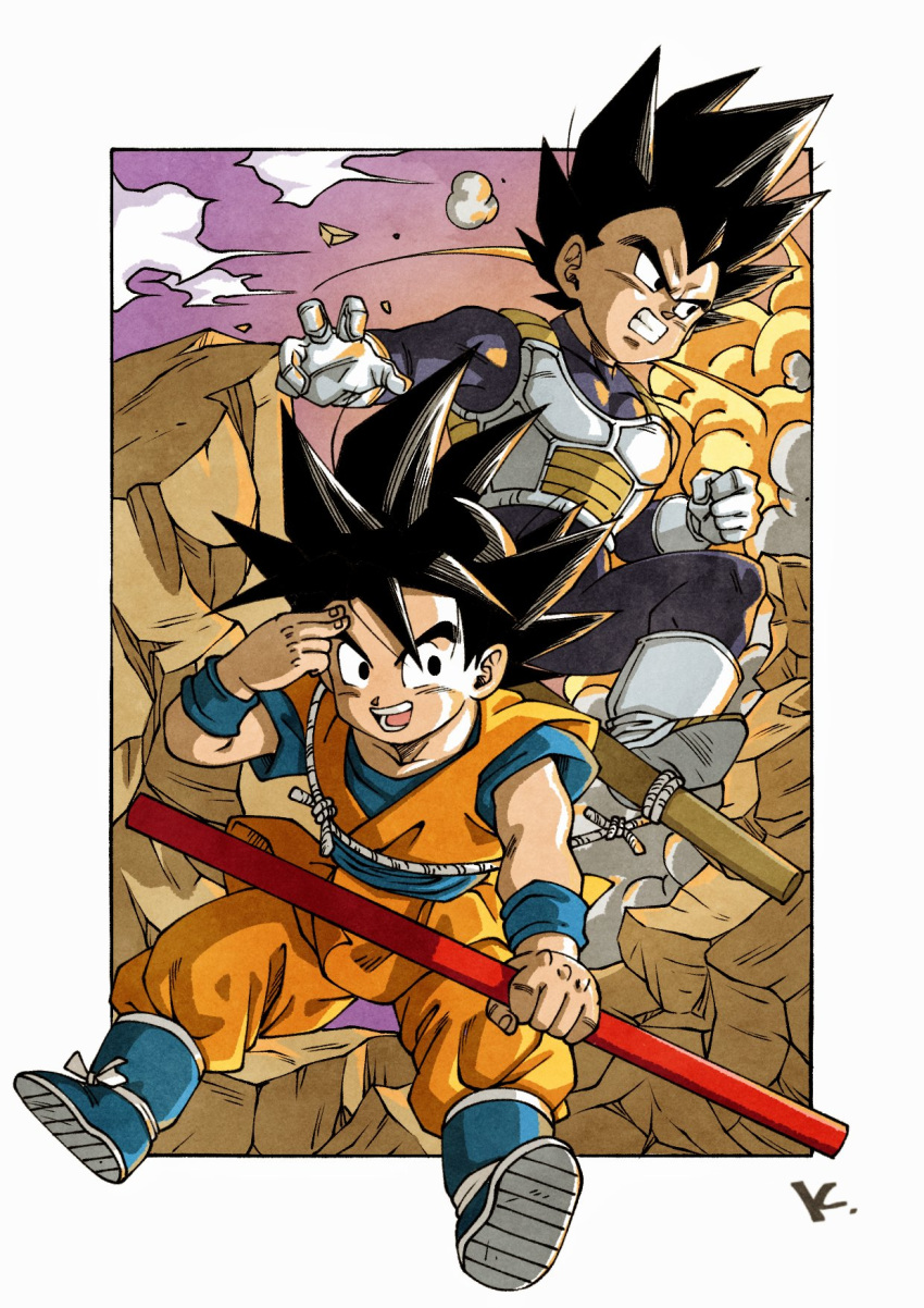 2boys armor black_hair black_jumpsuit blue_footwear blue_shirt boots border clenched_hand dragon_ball gloves h highres holding holding_staff jumpsuit kakeru_(dbskakeru) looking_at_another multiple_boys open_mouth orange_jumpsuit purple_sky rock shirt short_sleeves sky son_goku spiked_hair staff teeth toriyama_akira_(style) vegeta white_border white_footwear white_gloves