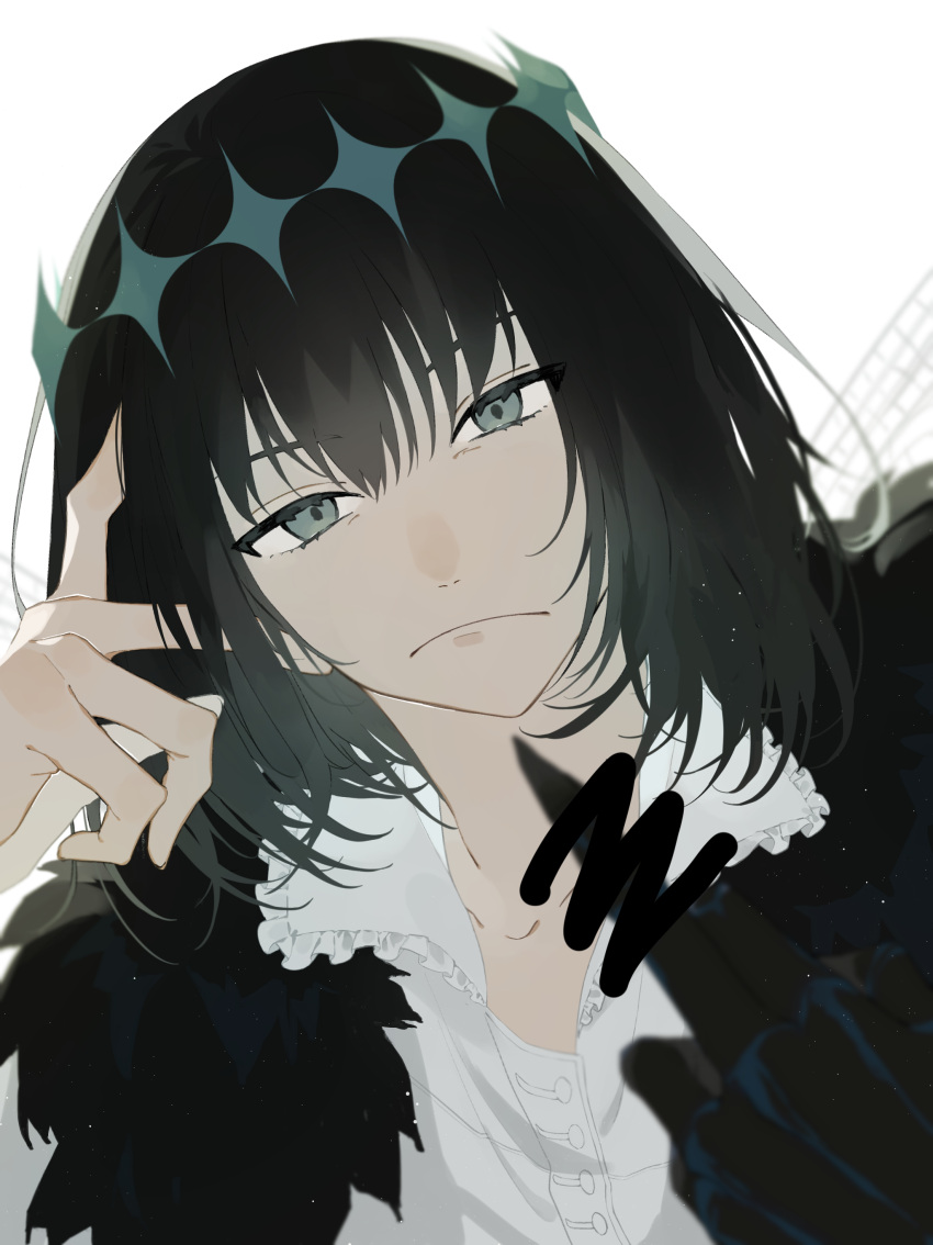 1boy absurdres black_hair cape censored_gesture collared_shirt diamond_hairband dragonfly_wings dress_shirt fate/grand_order fate_(series) frilled_shirt_collar frills frown fur-trimmed_cape fur_trim grey_eyes hair_between_eyes highres male_focus middle_finger nostrils oberon_(fate) oberon_(third_ascension)_(fate) romo827 shirt short_hair simple_background solo upper_body white_background