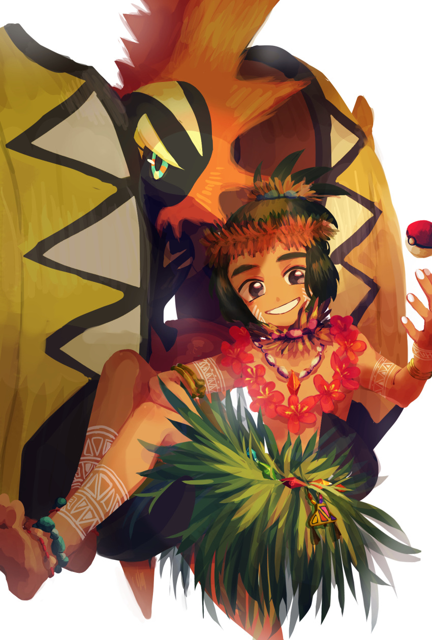 1boy barefoot dark-skinned_male dark_skin flower flower_necklace green_hair hau_(pokemon) highres jewelry looking_at_viewer male_focus necklace poke_ball poke_ball_(basic) pokemon pokemon_(creature) pokemon_(game) pokemon_sm ponytail sarami_(sa_rami30) simple_background smile tapu_koko tattoo tribal_tattoo white_background