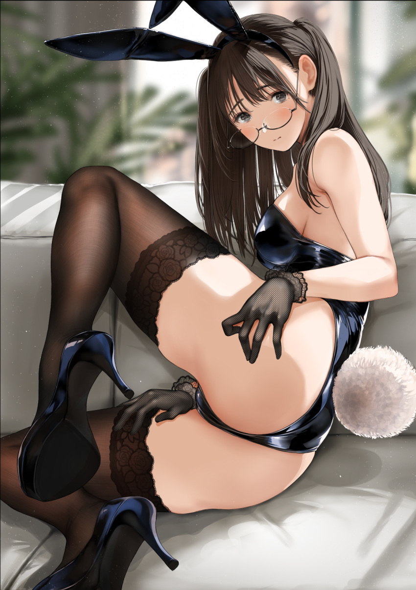 1girl animal_ears ass black_leotard blush breasts chinatsu_(tsukino_wagamo) closed_mouth couch fake_animal_ears fake_tail glasses gloves hands_on_own_ass high_heels highleg highleg_leotard highres leotard long_hair looking_at_viewer medium_breasts mole mole_under_mouth on_couch original plant playboy_bunny rabbit_ears rabbit_tail rimless_eyewear sideboob solo spread_legs strapless strapless_leotard tail thighhighs thighs tsukino_wagamo twintails