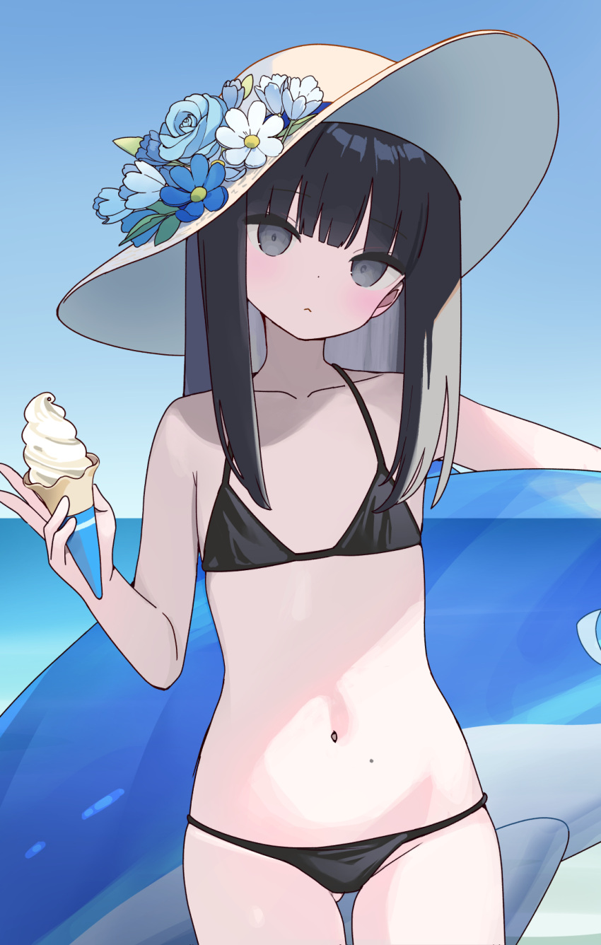 1girl armpit_crease ass_visible_through_thighs bikini black_bikini black_hair blunt_bangs blush closed_mouth collarbone colored_inner_hair cowboy_shot day eyelashes flat_chest flower food grey_eyes grey_hair hand_up hat hat_flower head_tilt highres holding ice_cream ice_cream_cone inflatable_dolphin inflatable_toy long_hair mole mole_on_stomach multicolored_hair navel ocean original outdoors sidelocks skindentation soft_serve solo sun_hat swimsuit zenshin
