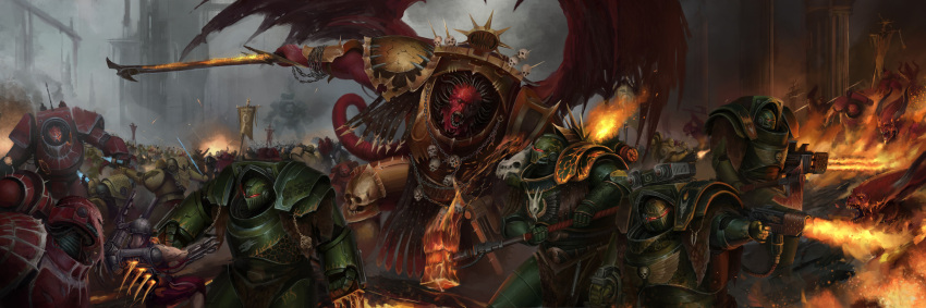 absurdres adeptus_astartes angron armor banner battle_standard bolter breastplate chaos_(warhammer) collegia_titanica colored_skin demon demon_primarch demon_tail demon_wings flamer full_armor gauntlets glowing glowing_eyes greaves green_armor hair_tubes hammer helmet highres holding holding_sword holding_weapon open_mouth pauldrons power_armor primarch red_armor red_skin salamanders_(warhammer) serdjek sharp_teeth shoulder_armor skull sword tail teeth tube vulkan war_banner war_hammer warhammer_40k weapon wings world_eaters yellow_eyes