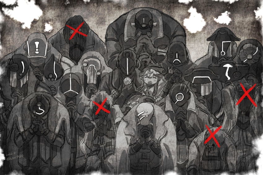 1girl 6+boys bido_(made_in_abyss) blood bondrewd cape coat crazy_eyes crossed_out greyscale gueira_(made_in_abyss) gyarike hair_between_eyes hand_on_own_face highres hisatago holding holding_whistle implied_death jenien joho_(made_in_abyss) looking_at_viewer made_in_abyss male_focus mask masked medium_bangs monochrome multiple_boys open_mouth overcoat own_hands_together photo_(object) praying prushka rabbiak shirt short_hair smile suumama third-party_source upper_body vest whistle whistle_around_neck