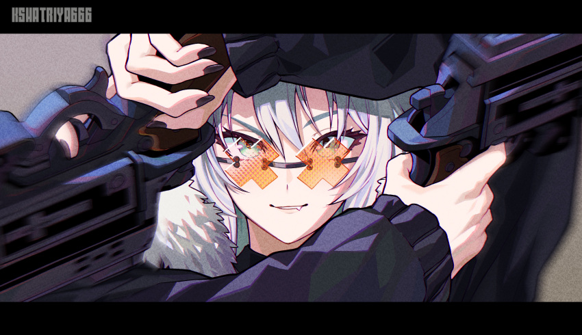 1girl absurdres black_nails borrowed_clothes dual_wielding fang fur-trimmed_jacket fur_trim green_eyes grey_eyes grey_hair guilty_gear guilty_gear_strive gun happy_chaos highres holding holding_gun holding_weapon hololive jacket kshatriya_666 long_hair long_sleeves looking_at_viewer orange-tinted_eyewear shishiro_botan smile tinted_eyewear virtual_youtuber weapon x-shaped_eyewear