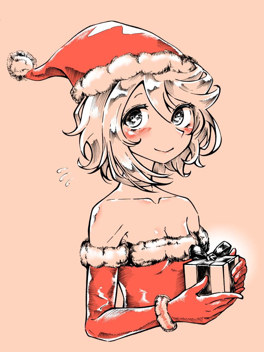 1girl aygoftenover bare_shoulders blush box breasts cleavage dress elbow_gloves gift gift_box gloves grey_eyes hat highres holding holding_gift red_dress red_gloves red_headwear santa_dress santa_hat short_hair shy_(character) shy_(series) small_breasts smile solo