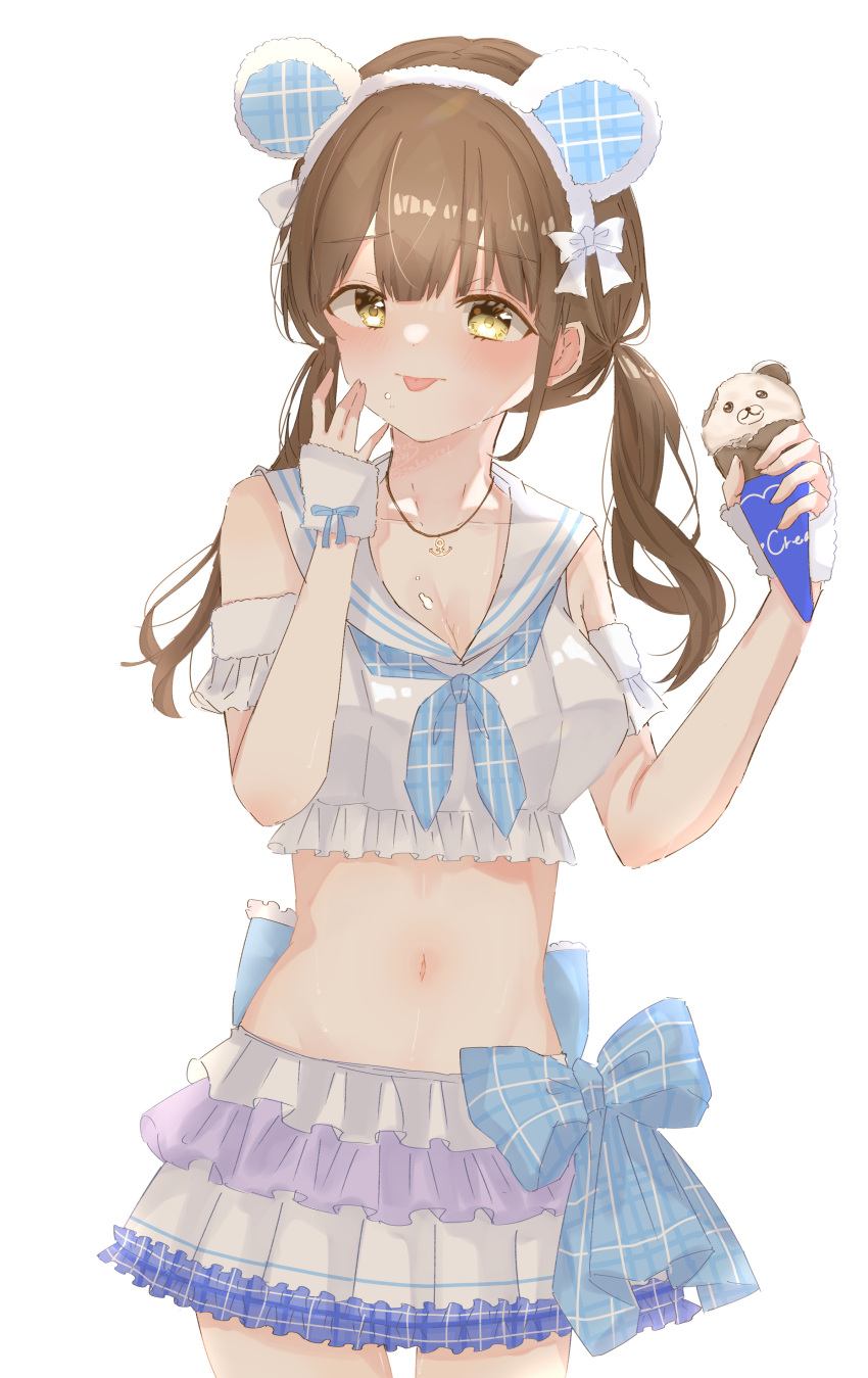 1girl :p \||/ absurdres animal-themed_food animal_ears armband bear_ears blue_neckerchief blush breasts brown_hair cleavage closed_mouth collarbone cosplay cowboy_shot crop_top fake_animal_ears food frilled_skirt frills hair_between_eyes hand_up highres holding holding_food holding_ice_cream ice_cream idoly_pride jewelry legs_together long_bangs looking_at_viewer low_twintails medium_breasts midriff miniskirt navel neckerchief okuyama_sumire okuyama_sumire_(cosplay) pendant plaid_neckerchief pleated_skirt raised_eyebrows sailor_collar saku_0521 shirt sidelocks simple_background skirt sleeveless sleeveless_shirt solo straight-on suzumura_yuu sweat thigh_gap tongue tongue_out twintails white_background white_sailor_collar white_shirt white_skirt yellow_eyes