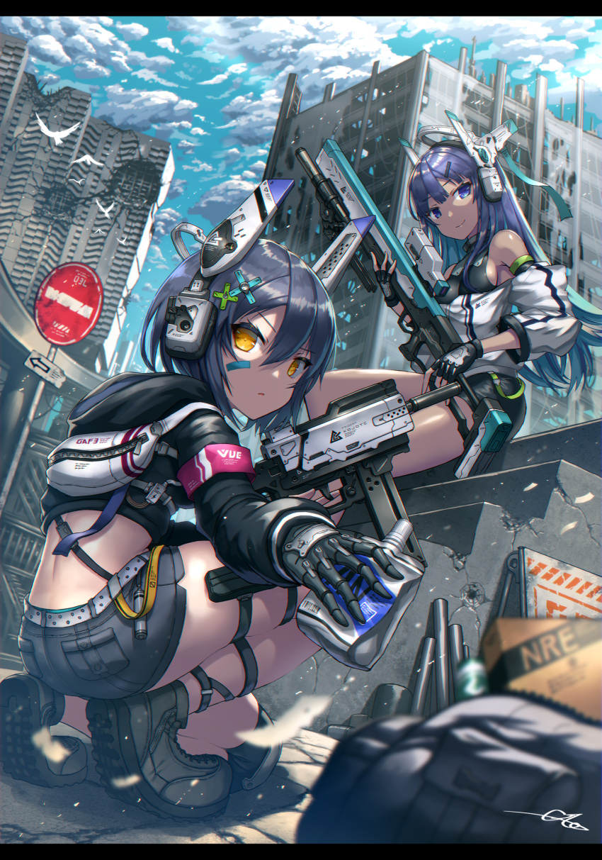 2girls bird black_hair blue_eyes blue_hair boots breasts building crop_top fingerless_gloves gia gloves gun hair_ornament hairclip headgear headphones highres holding holding_gun holding_weapon hood hoodie letterboxed long_hair looking_at_viewer midriff multiple_girls original post-apocalypse prosthesis prosthetic_arm rifle road_sign rubble science_fiction short_hair shorts sideboob sign skyscraper smile squatting submachine_gun weapon yellow_eyes