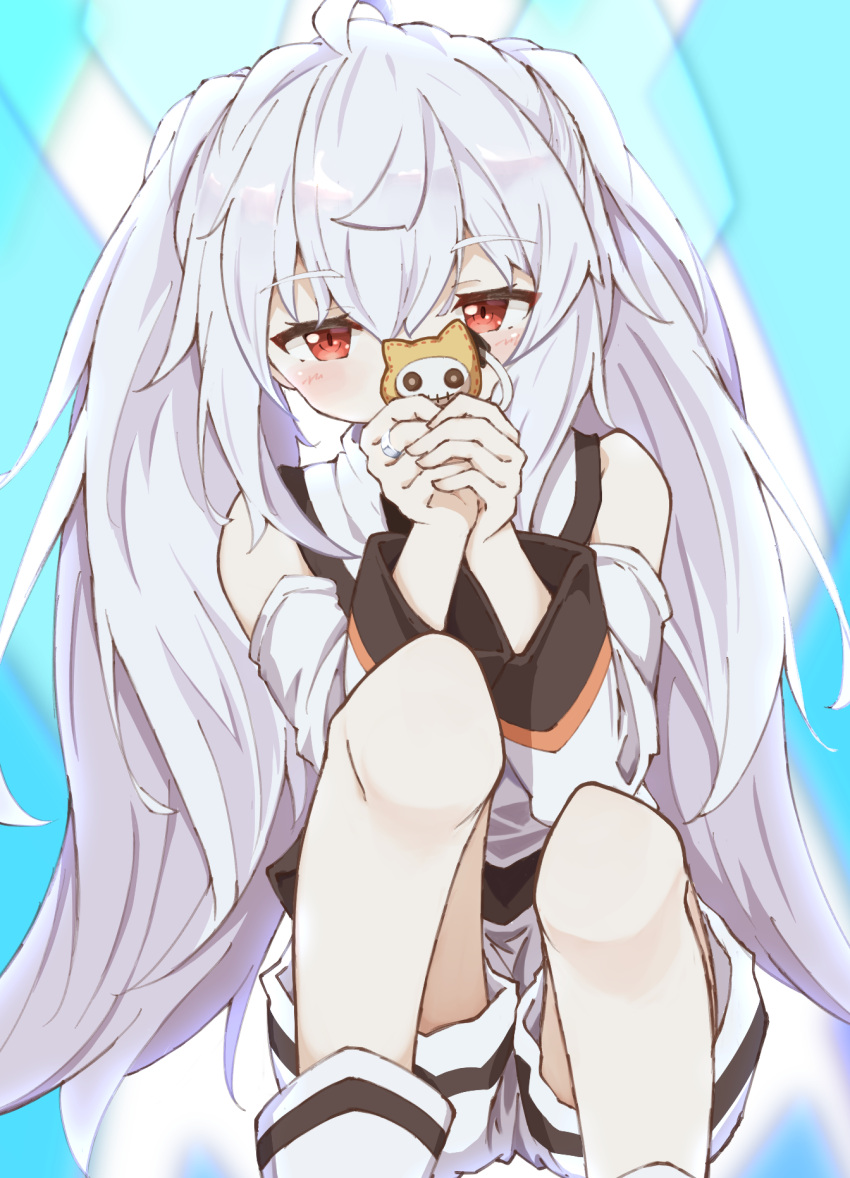 1girl bare_shoulders commentary_request detached_sleeves feet_out_of_frame grey_hair hair_between_eyes hands_up highres holding isla_(plastic_memories) jewelry long_hair long_sleeves looking_at_viewer matsuo_(matuonoie) own_hands_together plastic_memories red_eyes ring shirt short_shorts shorts sleeveless sleeveless_shirt solo twintails very_long_hair white_shirt white_shorts white_sleeves