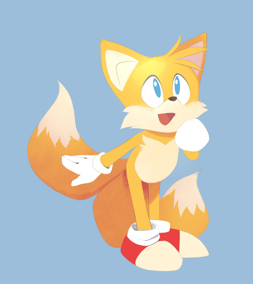 2023 absurd_res anthro b-epon blue_background blue_eyes canid canine cheek_tuft clothing dipstick_tail facial_tuft footwear fox fur gloves handwear head_tuft hi_res mammal markings miles_prower open_mouth open_smile sega shoes simple_background smile solo sonic_the_hedgehog_(series) tail tail_markings tuft white_body white_fur yellow_body yellow_fur
