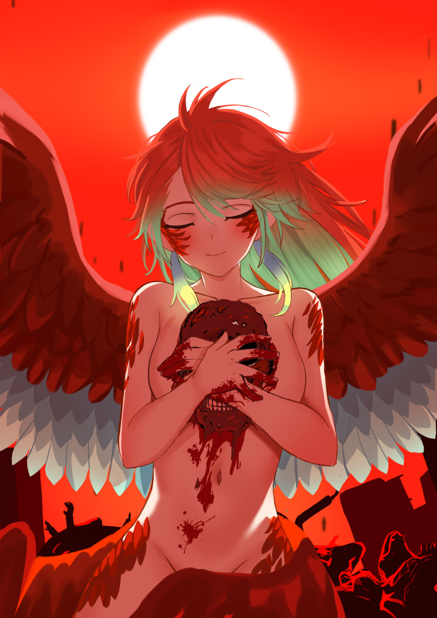 1girl absurdres blood blood_on_body blood_on_hands breasts closed_eyes convenient_censoring glowing glowing_hair green_hair highres holding holding_skull hololive hugging_object large_breasts low_wings medium_hair multicolored_hair nude orange_hair phoenix_wings red_background red_sky red_sun scp-001_(wdb) scp_foundation skull sky smile takanashi_kiara twinkly717 upper_body virtual_youtuber wings