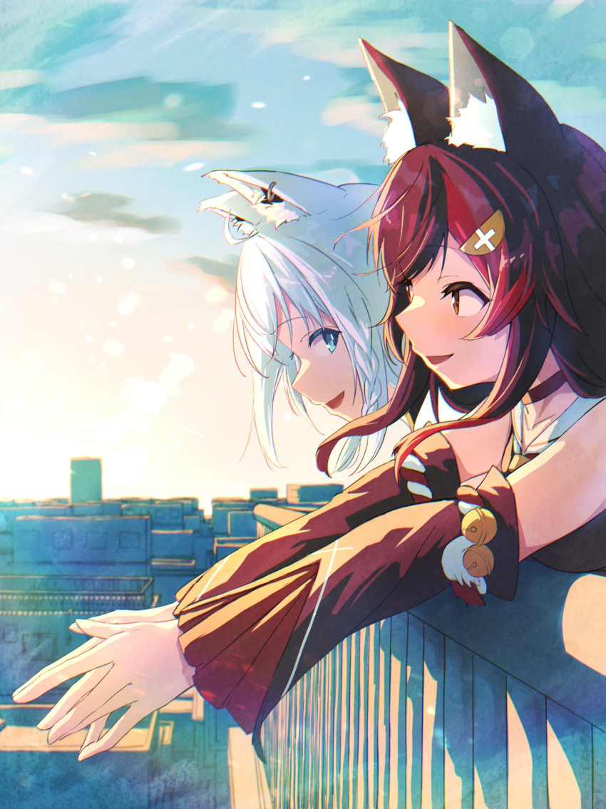 2girls against_railing ahoge animal_ear_fluff animal_ears black_choker black_hair black_shirt braid choker commentary_request day detached_sleeves earrings fox_ears fox_girl green_eyes hair_between_eyes hair_ornament hairclip highres hololive jewelry looking_at_viewer multicolored_hair multiple_girls oki_no_fuji ookami_mio open_mouth outdoors outstretched_arms own_hands_together railing red_hair shirakami_fubuki shirt sidelocks single_braid streaked_hair virtual_youtuber white_hair wolf_ears wolf_girl yellow_eyes