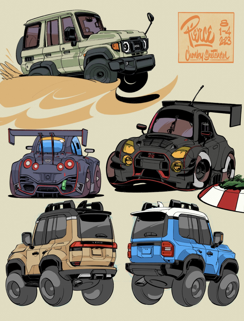 artist_name brown_background car chibi dated highres lexus lexus_lx motor_vehicle multiple_views nissan nissan_gt-r no_humans original race_vehicle racecar radio_antenna shadow spoiler_(automobile) sports_utility_vehicle toyota toyota_land_cruiser vehicle_focus will_pierce