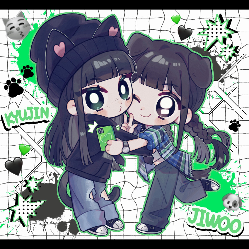 absurdres animal_ears animification black_eyes black_footwear black_headwear black_hoodie black_pants blue_sweater cat_ears chibi dog_ears dog_tail emoji freckles green_eyes hair_behind_ear heart highres hood hood_down hoodie hug jiwoo_(nmixx) k-pop kemonomimi_mode kyujin_(nmixx) letterboxed looking_at_viewer nmixx o_bianyi_didi_shu_o pants paw_print plaid plaid_sweater quad_braids real_life shirt shoes smile sneakers sweater sweatpants tail torn_clothes torn_pants v white_shirt