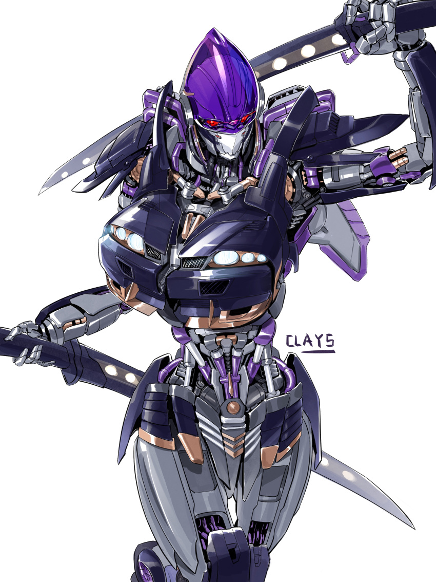 1girl absurdres artist_name clays_(clayschan) dual_wielding highres holding holding_sword holding_weapon looking_at_viewer mecha nightbird_(transformers) nissan nissan_skyline nissan_skyline_gt-r nissan_skyline_r33 no_humans piston red_eyes robot science_fiction solo sword transformers transformers:_rise_of_the_beasts transformers_(live_action) weapon white_background