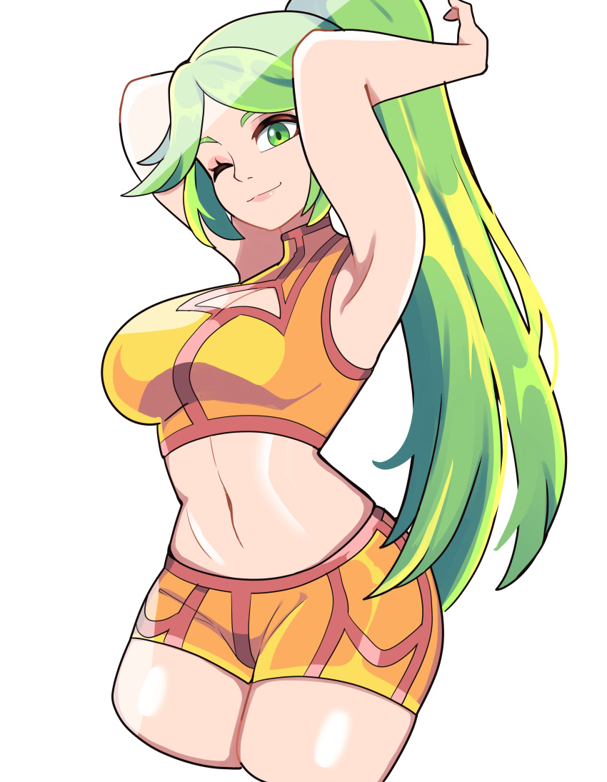 1girl absurdres alternate_costume armpits arms_behind_head arms_up bbycheese bra breasts cleavage cleavage_cutout clothing_cutout cosplay cropped_legs green_eyes green_hair highres kid_icarus large_breasts long_hair metroid midriff navel one_eye_closed orange_bra orange_shorts palutena ponytail samus_aran samus_aran_(cosplay) short_shorts shorts smirk solo sports_bra underwear white_background