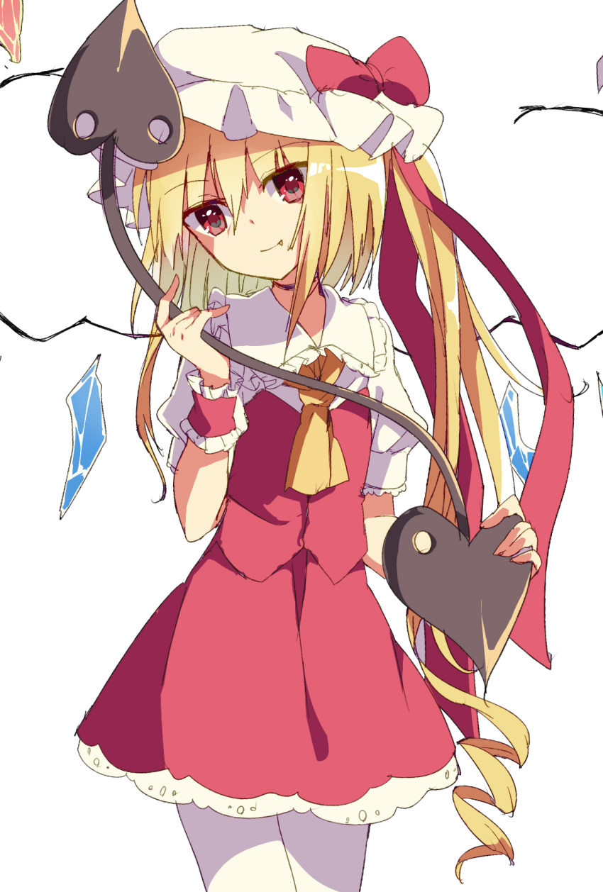 1girl ascot blonde_hair busujima_(kusahana) closed_mouth collared_shirt cowboy_shot crystal fang fang_out flandre_scarlet frilled_shirt_collar frilled_skirt frilled_sleeves frills hat head_tilt highres holding holding_polearm holding_weapon laevatein_(touhou) light_smile long_hair looking_at_viewer mob_cap one-hour_drawing_challenge one_side_up pantyhose polearm puffy_short_sleeves puffy_sleeves red_eyes red_skirt red_vest shirt short_sleeves skirt skirt_set solo touhou vest weapon white_background white_headwear white_pantyhose white_shirt wings yellow_ascot