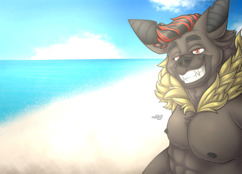 anthro bat beach hi_res male male/male mammal naoto sea seaside smile solo sun sunny water