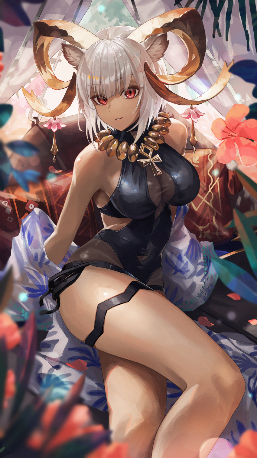1girl absurdres animal_ears arknights ass bare_shoulders black_one-piece_swimsuit blush breasts carnelian_(arknights) carnelian_(shimmering_dew)_(arknights) clothing_cutout covered_navel dark-skinned_female dark_skin goat_ears goat_horns highres horns jewelry large_breasts looking_at_viewer monge_baby necklace official_alternate_costume one-piece_swimsuit parted_lips red_eyes short_hair smile solo swimsuit thighs white_hair