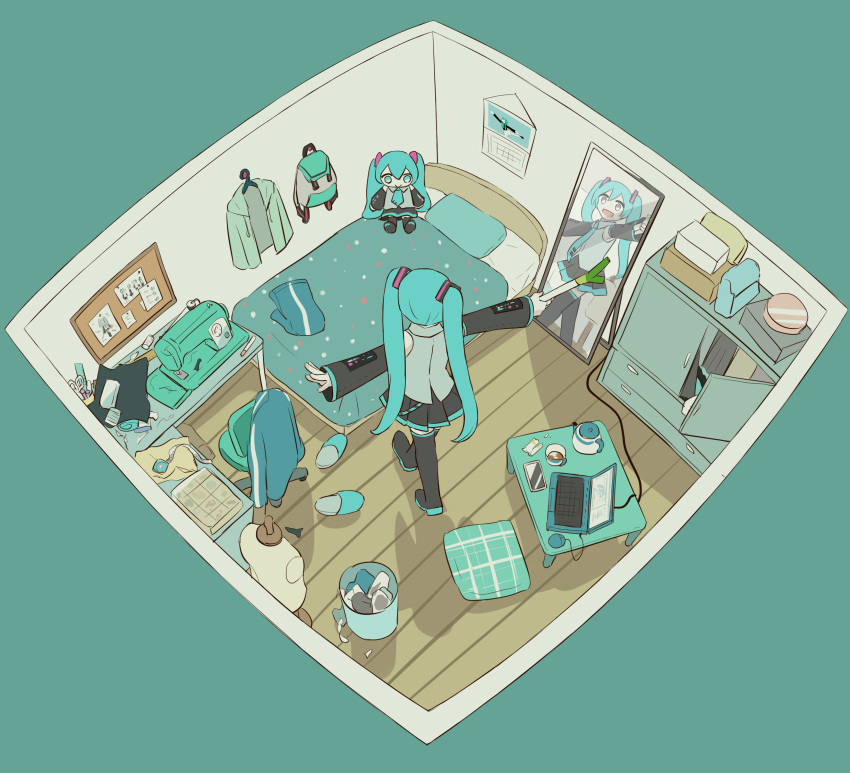 1girl absurdres aqua_hair avogado6 backpack bag bed bed_sheet bedroom black_footwear black_skirt black_sleeves boots calendar_(object) chair character_doll commentary computer cosplay desk detached_sleeves floorplan full-length_mirror grey_shirt hatsune_miku hatsune_miku_(cosplay) highres holding indoors laptop looking_at_mirror looking_at_self mannequin mirror mouse_(computer) pillow pleated_skirt scissors sewing_machine shirt skirt sleeveless sleeveless_shirt slippers solo spring_onion standing t-pose tape_measure thigh_boots trash_can twintails vocaloid wooden_floor
