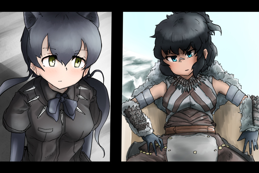 2girls animal_ears aqua_eyes arm_rest arms_at_sides bandaid bandaid_on_face bandaid_on_nose black_border black_gloves black_hair black_leopard_(kemono_friends) black_panther_(film) black_shirt border bow bowtie bracer closed_mouth cosplay day elbow_gloves expressionless gloves gorilla_(kemono_friends) gorilla_(kemono_friends)_(old_design) green_eyes hair_between_eyes jewelry ka_(3s4k4) kemono_friends leopard_ears long_hair marvel marvel_cinematic_universe medium_hair multiple_girls necklace outdoors parody parted_bangs parted_lips scene_reference shirt sitting twintails v-shaped_eyebrows very_long_hair