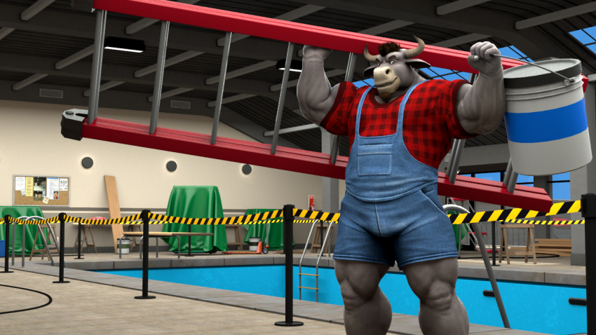 2_horns 3d_(artwork) anthro barrier blue_overalls bovid bovine braford brown_hair bucket bulletin_board cables cattle clothing container denim denim_clothing digital_media_(artwork) facial_hair flexing_bicep goatee green_tarp hair holding_bucket holding_container holding_ladder holding_object horn house_of_beef jack_(braford) ladder looking_at_viewer male mammal muscular muscular_anthro muscular_male muscular_thighs pattern_clothing pattern_shirt pattern_topwear plaid plaid_clothing plaid_shirt plaid_topwear pool pool_ladder red_clothing red_shirt red_topwear shirt solo tarp topwear wall_lighting window_sill wooden_plank