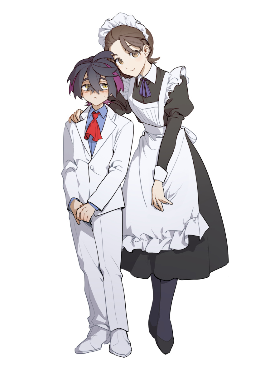 1boy 1girl alternate_costume apron black_dress braid brown_eyes brown_hair closed_mouth collared_shirt commentary_request crossed_bangs dress enmaided frills hair_between_eyes highres jacket juliana_(pokemon) kieran_(pokemon) korean_commentary long_sleeves looking_at_viewer maid maid_headdress own_hands_together pants pantyhose pokemon pokemon_(game) pokemon_sv saesoon_dobby shirt shoes smile white_apron white_background white_footwear white_jacket white_pants