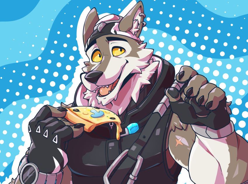 5_fingers anthro blue_background canid canine canis clock clothing ear_piercing epic_games fingerless_gloves fingers food fortnite fur gloves grey_body grey_fur handwear headgear hi_res male mammal multicolored_body multicolored_fur myiko neck_tuft open_mouth piercing pink_tongue pizza pizza_slice simple_background solo tongue topwear tuft two_tone_body two_tone_fur vest watch wendell_(fortnite) wolf yellow_sclera