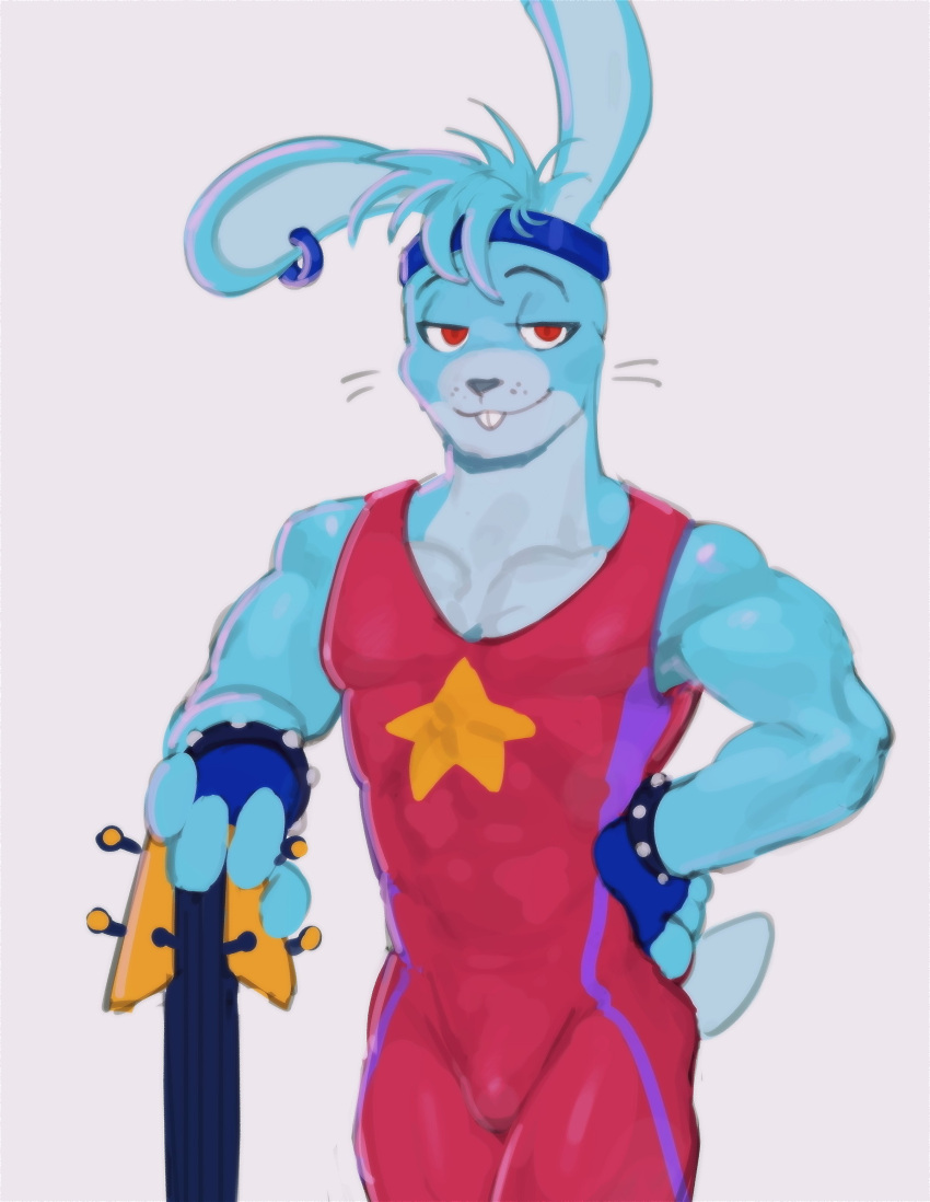 2023 abs absurd_res anthro biceps blue_body blue_fur blue_hair buckteeth bulge clothed clothing digital_media_(artwork) ear_piercing ear_ring eyebrows fingerless_gloves fully_clothed fur glamrock_bonnie_(fnaf) gloves guitar hair half-closed_eyes handwear hi_res kogito lagomorph leporid male mammal muscular muscular_anthro muscular_male musical_instrument narrowed_eyes pecs piercing plucked_string_instrument rabbit red_eyes ring_piercing smile solo string_instrument sweatband teeth